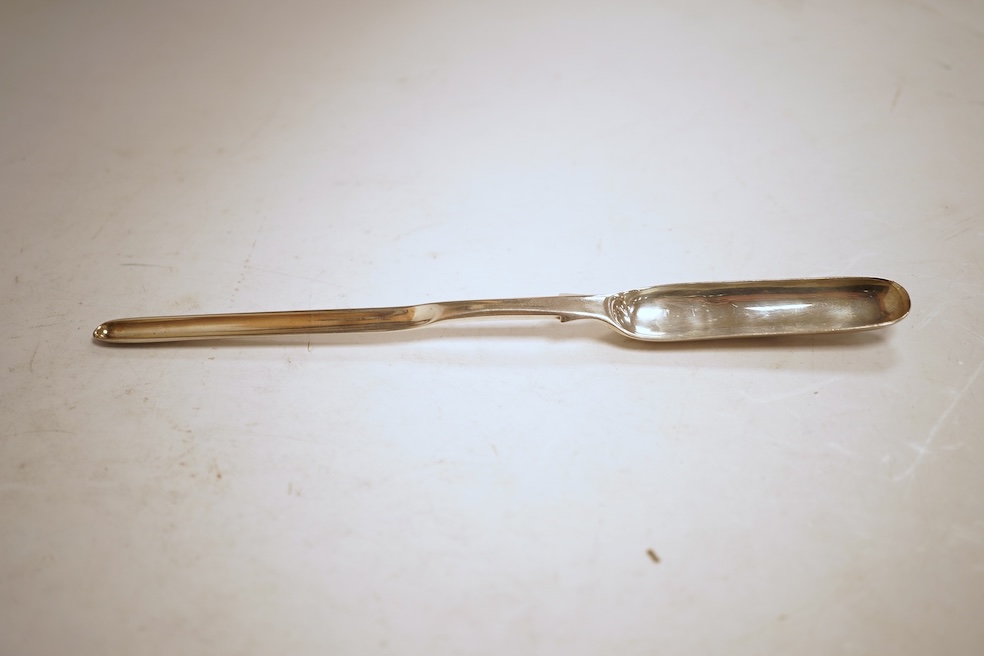 A George II silver marrow scoop, maker's mark rubbed, London, 1743, 21.3cm.